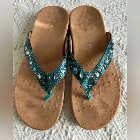 Vionic Women Lucia Toe Post Thong Snake Print Leather Rhinestone Sandal Size 10 - Picture 3 of 7